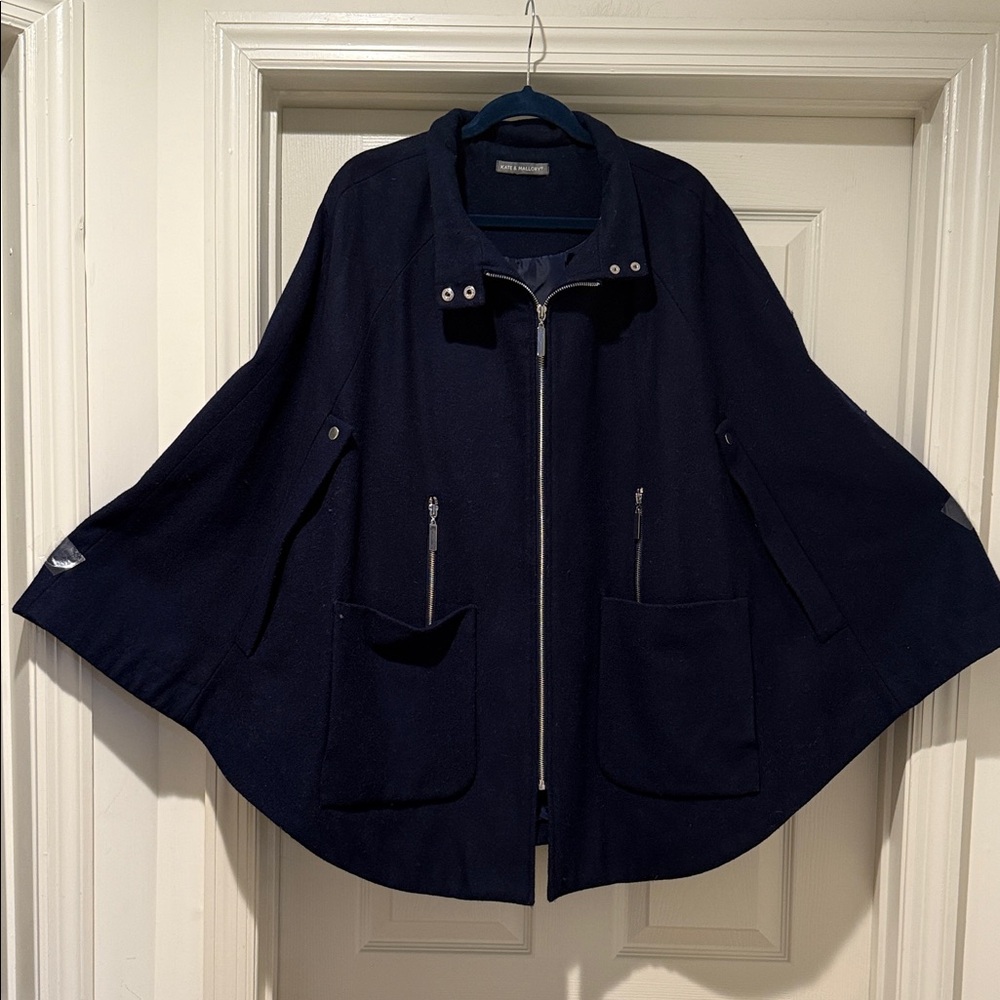 Wool Blend Navy Blue Cape with Zipper and Pockets Autumn Ready Preppy Warm Large - Picture 3 of 11
